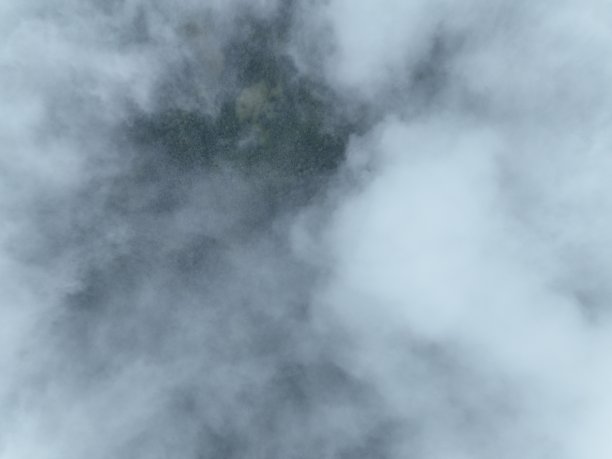 山区多雨天气。薄雾吹过松树林。空中拍摄的云杉树在雾天的山上。美丽森林里的晨雾。图片下载