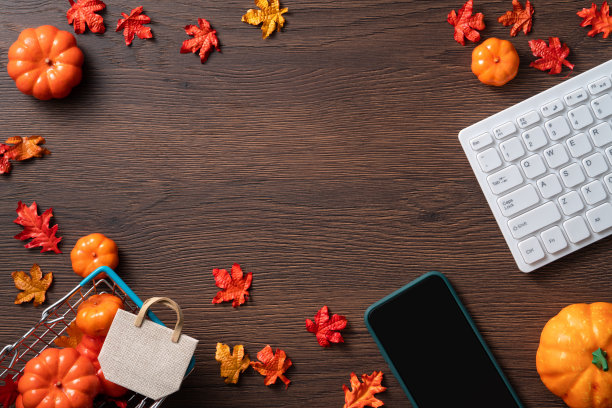 秋季网上购物设计理念背景与购物车。图片下载