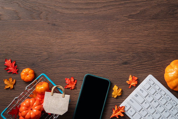 秋季网上购物设计理念背景与购物车。图片下载