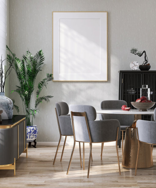 大型空白木制相框垫灰色墙纸墙在现代东亚风格装饰餐厅桌椅，中国设计柜和热带植物拼花地板图片下载