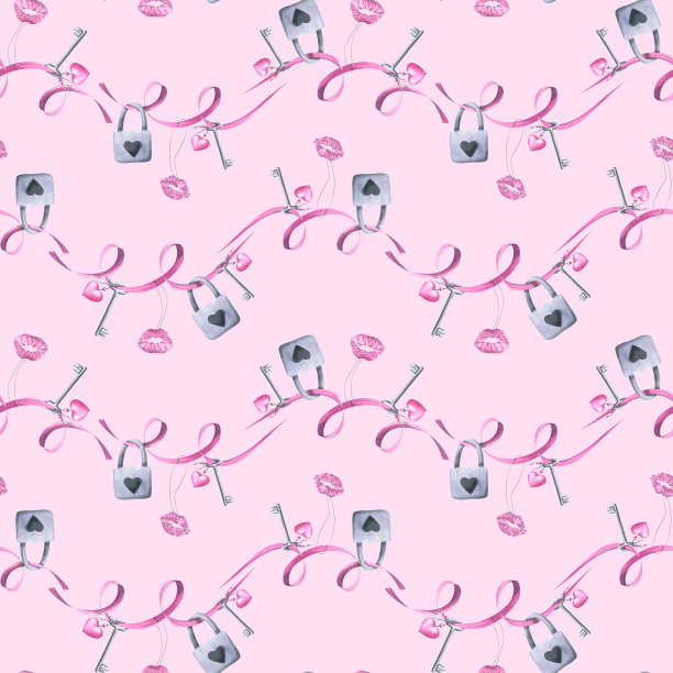 粉色背景上挂着锁、钥匙和吻的丝带。水彩插图。情人节系列的无缝图案。用于织物，纺织品，包装纸，印刷品图片下载