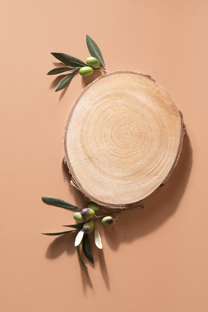 新鲜橄榄和木片讲台上红土背景化妆品和烹饪食谱，模型。大地色调，环保。季节的橄榄油和橄榄油，俯视图图片下载