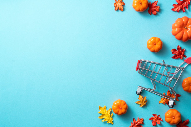 秋季购物设计概念背景与购物车，枫叶和南瓜。图片下载
