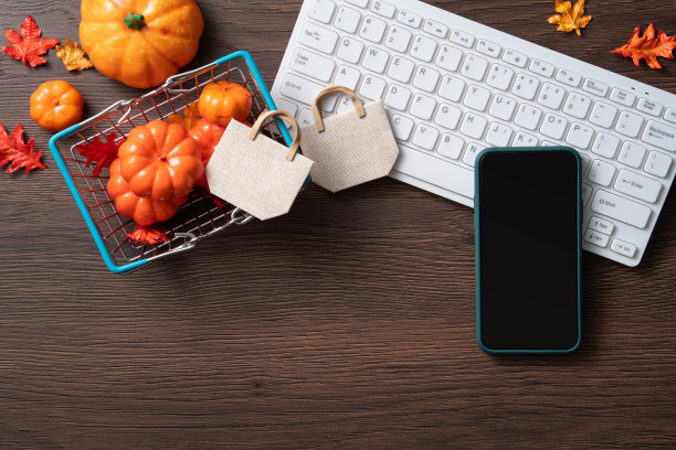 秋季网上购物设计理念背景与购物车。图片下载