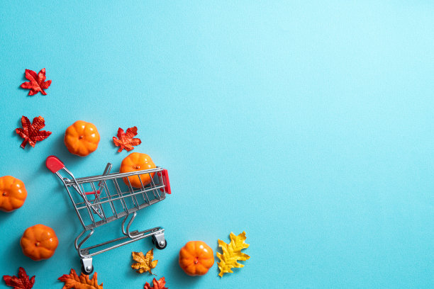 秋季购物设计概念背景与购物车，枫叶和南瓜。图片下载