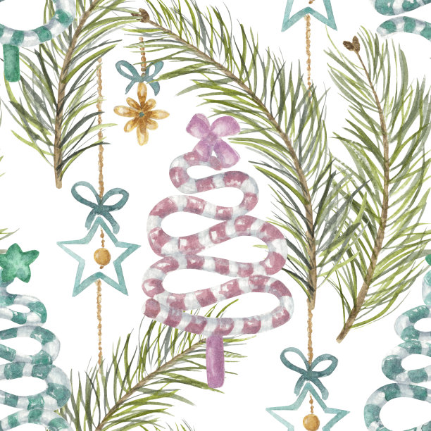 圣诞树焦糖糖果与松枝和闪亮的圣诞装饰图片下载