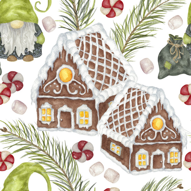 姜饼屋和松树里的绿色圣诞精灵图片下载