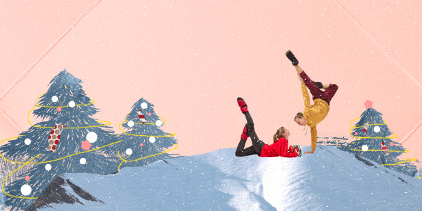 当代艺术拼贴。创意设计。年轻男女在雪地里跳芭蕾。寒假庆祝活动图片下载