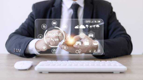 移动应用的概念。在公园外面，商人手拿触摸屏智能手机，滤色镜，所有元素图形都是我自己制作的图片下载