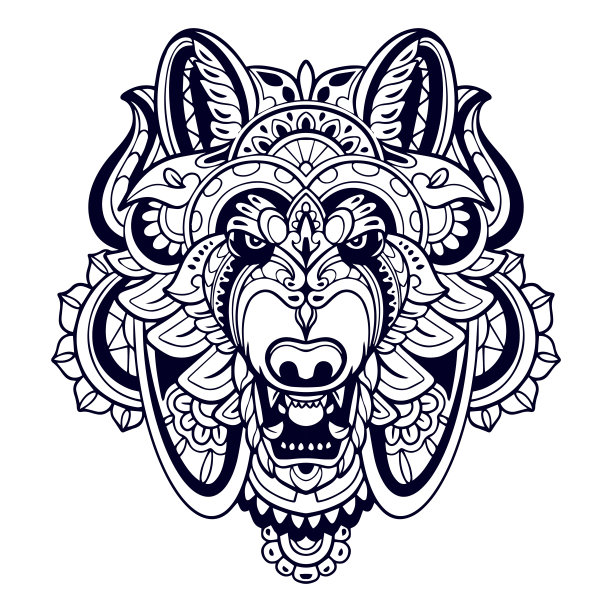 美丽的狼头曼荼罗艺术孤立在白色背景图片下载