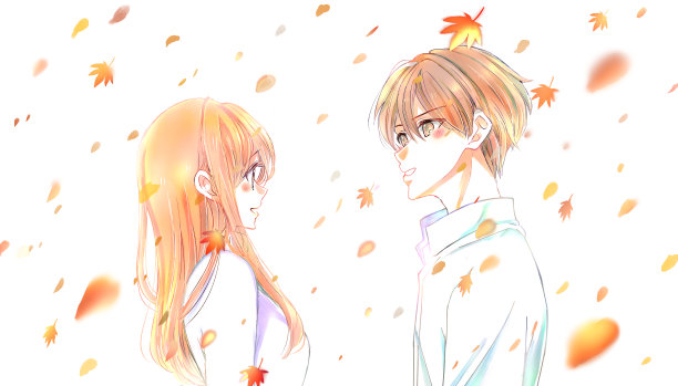 在秋叶中，男女情侣面对面图片下载