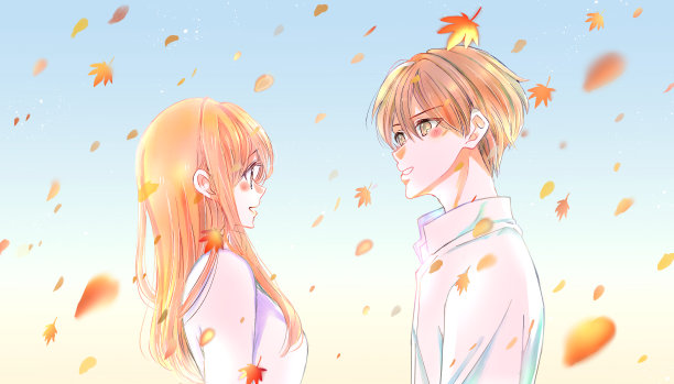 在秋叶中，男女情侣面对面图片下载