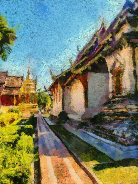 泰国清迈Wat Phra Singh寺庙插图创造了印象派风格的绘画。图片下载
