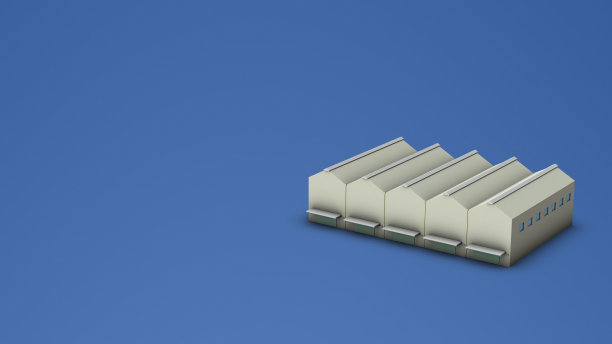 工厂的外观与其特色的三角形屋顶。建筑模型。3 d渲染。蓝色背景很酷。图片下载