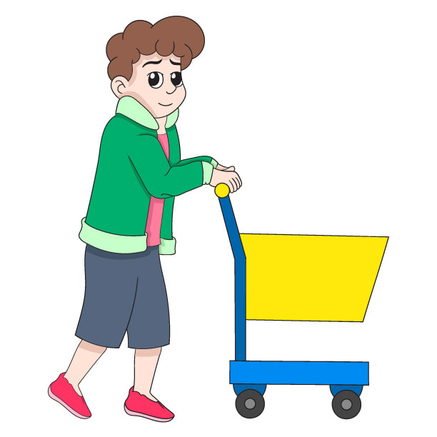一个男孩推着购物车在商场里转的插图图片下载