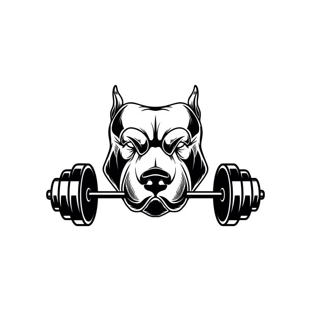 愤怒的狗头咬着健身杠铃。标志、徽章的设计元素。矢量图图片下载