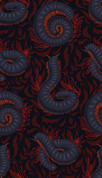 矢量无缝的黑色图案与蜈蚣叶和茎在灰色背景。纹理具有叶状结构和叶子。图片下载