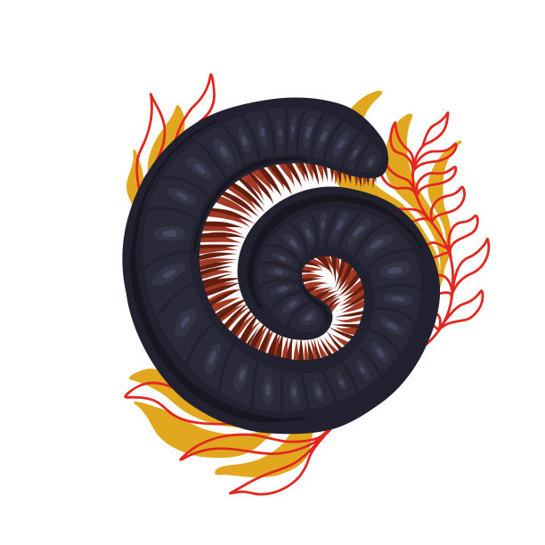 在有叶和茎的线索中滑动的蜈蚣的矢量插图。卡通剪贴画与朱丽达和树叶。千足虫昆虫图片下载