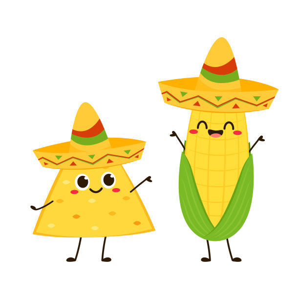 玉米和玉米片的卡通矢量。可爱的蔬菜矢量人物孤立在白色上。玉米的吉祥物。图片下载