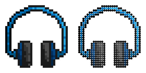 像素图标。头顶的无线耳机，专业的音乐设备。简单的复古游戏矢量孤立在白色背景上图片下载