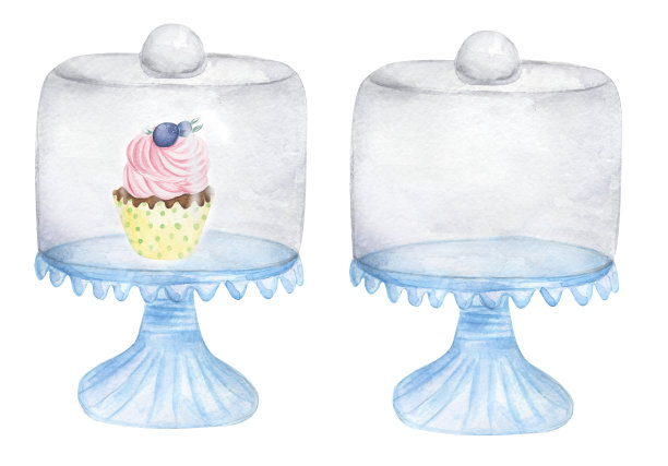 水彩蓝色蛋糕蛋糕与纸杯蛋糕夹艺术，盘子插图，手绘面包师元素，厨房剪贴画，烘焙标志设计，面包夹艺术图片下载