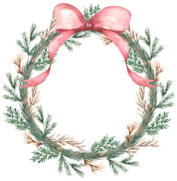 水彩圣诞树花环与弓，树枝装饰剪贴画集，冬季框架插画，可爱的节日装饰剪贴艺术，卡片印刷图片下载