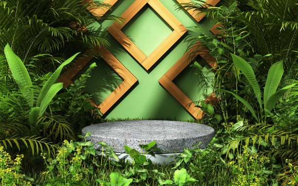 3d渲染热带森林中的空石平台，用于产品展示和绿色背景的库存照片图片下载