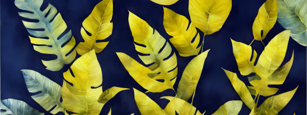 旗帜热带模仿水彩异国情调油画藏青色，金叶水彩植物热带插图数字图片下载