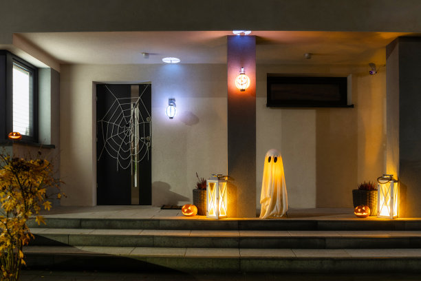 万圣节的南瓜在晚上发光作为装饰在前面的台阶上图片下载