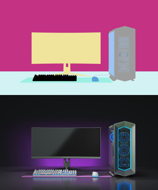 电脑游戏电脑在桌子上的黑暗房间与霓虹灯未来的现代工作场所与颜色alpha图片下载