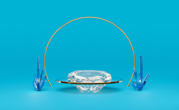 讲台空的石英石晶体和蓝色钻石组成的现代舞台展示和极简主义的模型，抽象的橱窗背景，概念3d插图或3d渲染图片下载