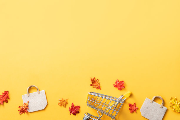 秋季购物设计的概念背景与购物车和枫叶。图片下载