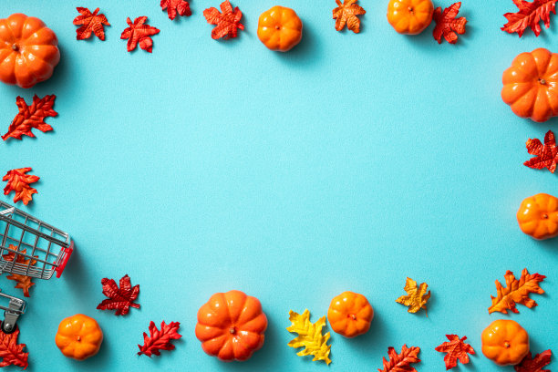 创意万圣节秋季购物设计概念背景与南瓜，树叶和复制空间。图片下载