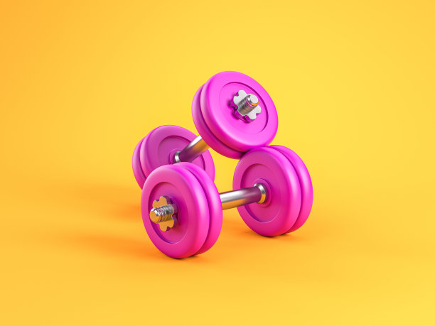 黄色背景上的粉色哑铃。3d逼真渲染图片下载