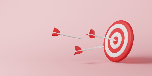红白箭击中目标镖板上的粉红色背景。商业目标战略靶心图标标识，网络营销目标目标管理，成功点挑战理念。三维渲染图片下载