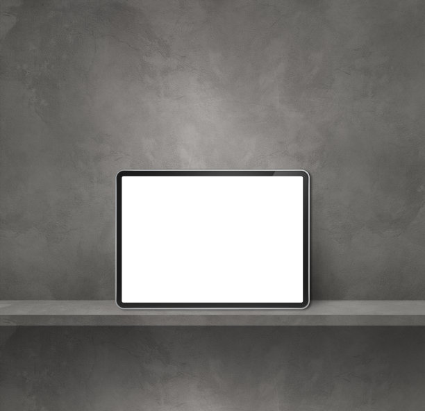 数字平板电脑在灰色的墙架子上。方形背景横幅图片下载