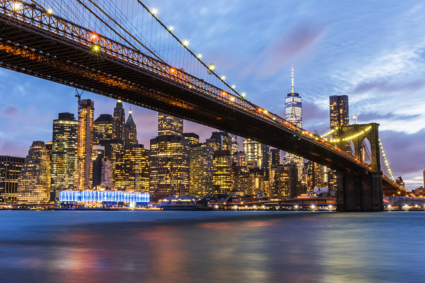 以摩天大楼为背景的布鲁克林大桥。美国纽约市。图片下载