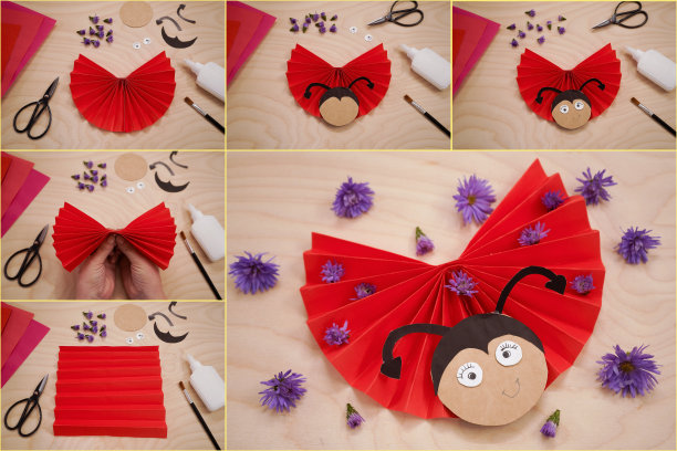 拼贴与一步一步的过程创建从纸和花瓢虫。红色是爱情的象征。孩子们为情人节盛宴手工制作的文件。图片下载