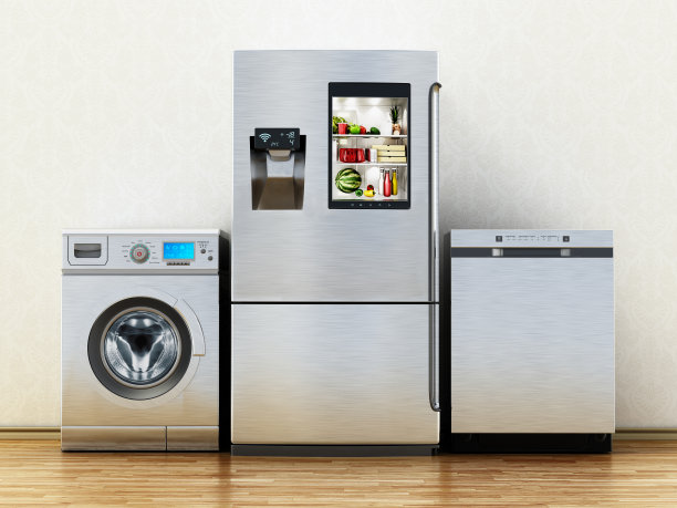 现代家用电器(智能冰箱、洗衣机和洗碗机)立在拼花地板上图片下载