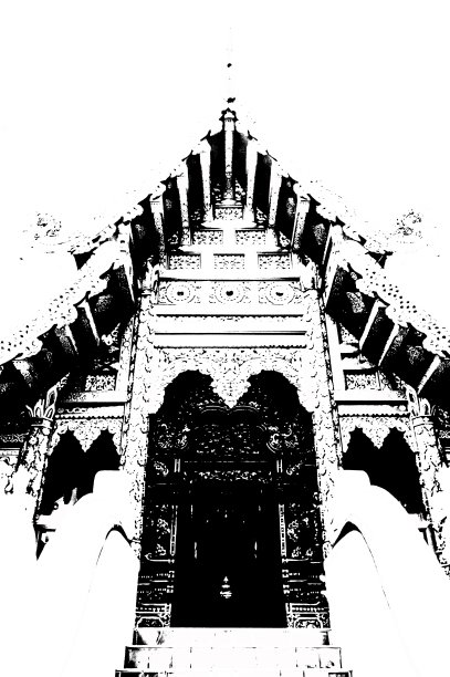 泰国北部古代寺庙建筑景观和古代艺术黑白插画。图片下载