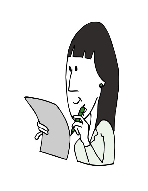 可爱的长黑发女人的性格思考和写在一张纸上用一支笔。卡通风格的矢量插图。图片下载