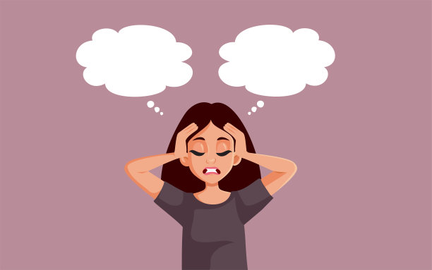 疲惫的女人有多个思考气泡感觉不知所措矢量插图图片下载