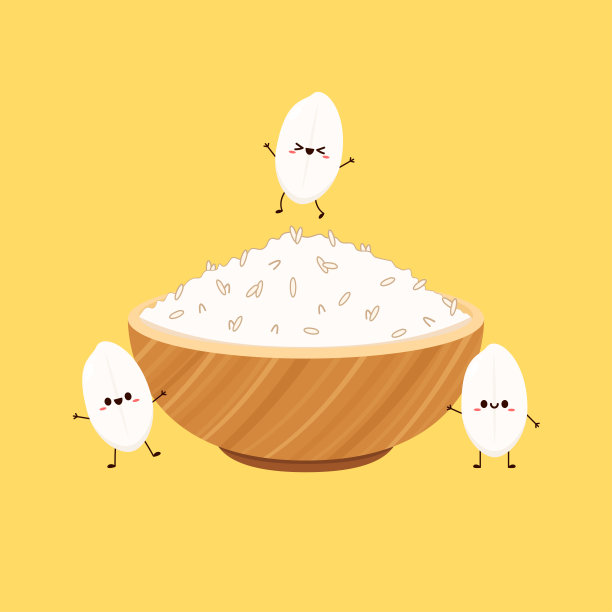 大米卡通和大米碗在黄色背景矢量插图。可爱的食物吉祥物标志的餐厅。图片下载