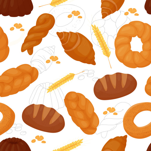 黄油糕点图案。糖果。早餐吃小面包。面包。面包店。白色背景上的矢量插图。图片下载