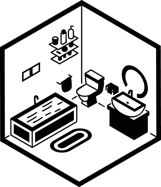 按摩浴缸与洗脸架矢量色等距图标设计，紧凑的生活空间符号，室内装饰标志，低聚家庭办公室库存插图，休息室与墙镜概念图片下载