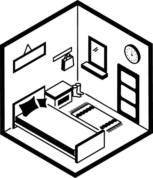 穷游住宿矢量色彩等距图标设计，紧凑的生活空间符号，室内装饰标牌，低聚家庭办公房间库存插图，招待所私人房间概念图片下载