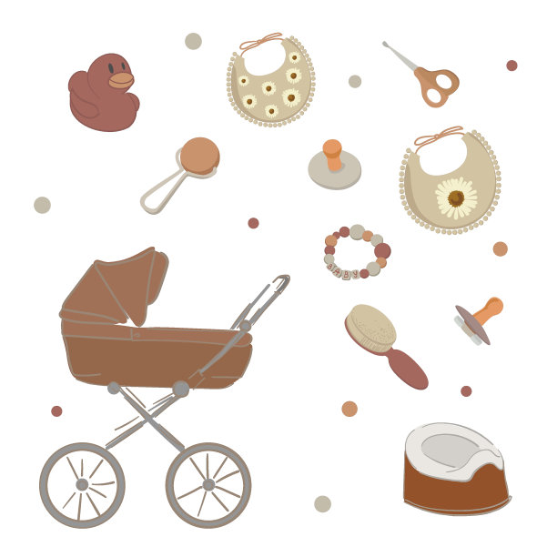 可爱的婴儿配件斯堪的纳维亚设置手绘元素锅，围嘴，乳头，拨浪鼓，鸭子，啮齿动物，婴儿车。图片下载