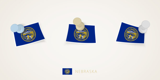 别针内布拉斯加州的旗帜在不同的形状与扭曲的角落。矢量图钉俯视图。图片下载