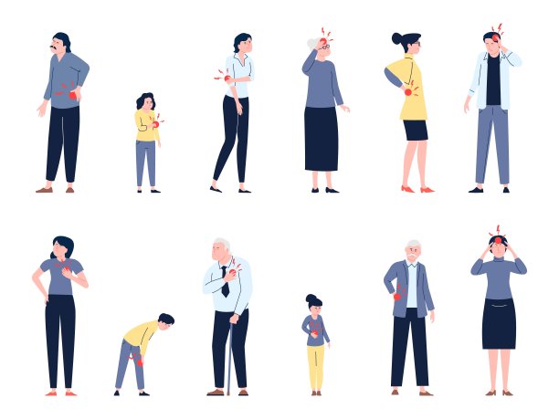 人们会遭受疼痛和痉挛。背痛，脖子痛，肌肉酸痛。工人痛苦的条件，感染疾病。近期疾病男、女载体集图片下载