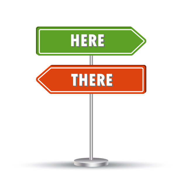 这里，那里的路标。红色和绿色箭头指示。招牌指针。矢量插图。股票的形象。每股收益10。图片下载